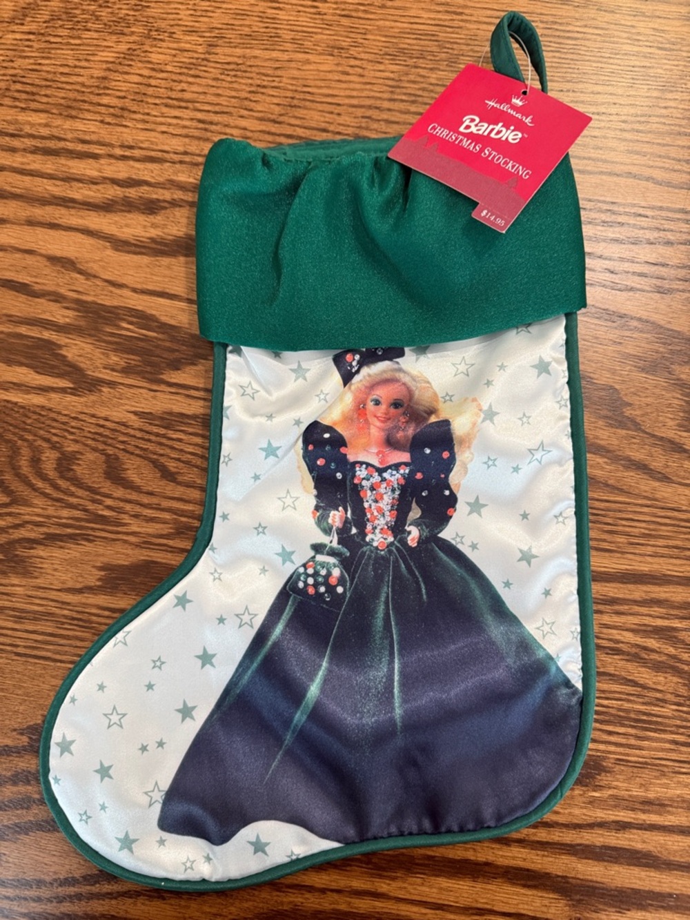 Barbie Green and White Holiday Stocking with Doll Illustration
